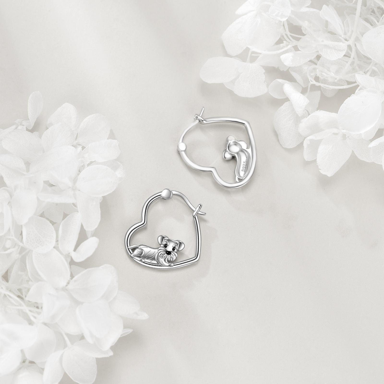 Women's Sterling Silver Schnauzer Heart Hoop Dangle Earrings